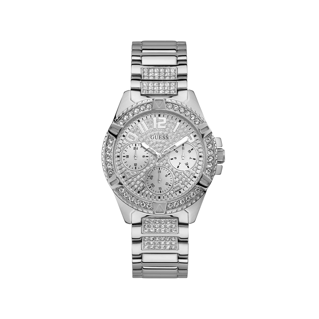 GUESS Rhinestone Silver Tone Multifunction Watch Silver